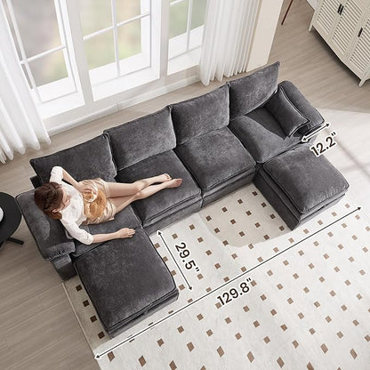 130" U Shaped Modular Sectional Sofa, Couch with Ottoman Storage, Chenille Cloud Couch with Plush Deep Seating for Living Room, Bedroom (6 Seat, Grey)