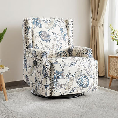UIXE Swivel Rocker Manual Recliner Chairs Set of 2, Wingback Swivel Glider Fabric Nursery Reclining Sofa Chair, High Back Upholstered Arm Chair for Living Room Bedroom - Blue Plants
