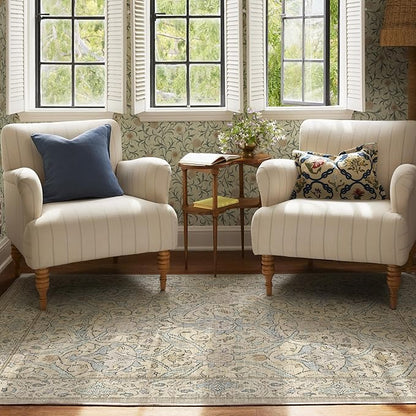 RUGGABLE x Morris & Co Washable Area Rug – Montreal Natural Blue 6x9, Stain-Resistant, Non-Slip – Medium Machine Washable Rugs for Living Room, Bedroom, Hallway, Entryway & Office–with Cushioned Pad