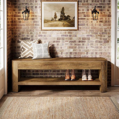 Tribesigns Farmhouse Entryway Bench, 53.5" Wood End of Bed Bench with Shoe Storage, 2-Tier Narrow Indoor Bench for Entryway, Bedroom, Hallway
