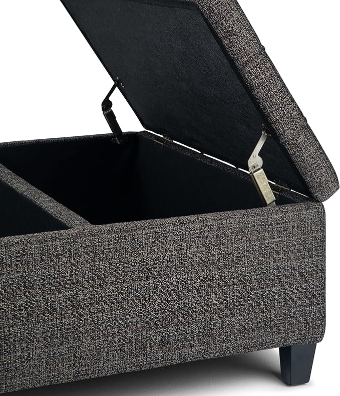 SIMPLIHOME Harrison 36 inch Wide Transitional Square Coffee Table Storage Ottoman in Ebony Tweed Look Fabric, Assembled, For the Living Room and Bedroom