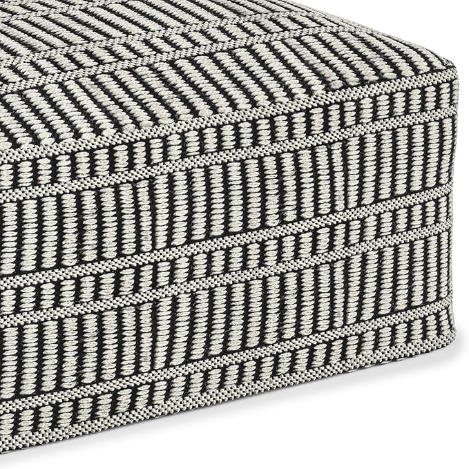 SIMPLIHOME Safford 20-inch Wide Pouf in Black and White, Handwoven Outdoor/Indoor Boho-Style Ottoman for Living Room, Bedroom, or Patio, Weather-Resistant, UV-Protected, Assembled