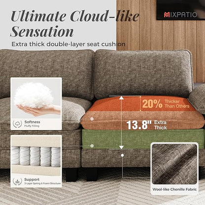 87-Inch L Shaped Sectional Sofa with Cloud Cushions, Deep Seat Modular Couch Set w/ 3 Seats & 1 Ottomans, Removable Arms, Plush Chenille Upholstery for Living Room, Apartment - Smoky Gray