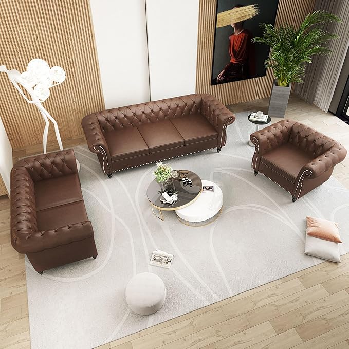 Accent Sofa Chair for Living Room, Modern PU Leather Upholstered Armchair, Oversized Comfy Single Sofa Chair with Cushion, Mid Century Tufted Chesterfield Sofa Couch for Bedroom, Apartment (Brown)