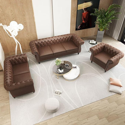 2 Piece Living Room Furniture Set, Faux Leather Loveseat and Chair Set, Mid Century Modern Upholstered Sofa Couch with Cushions, Vintage Comfy Tufted Chesterfield Couches for Bedroom, Office (Brown)