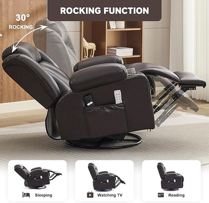 Power Swivel Rocker Recliner Chair with Heat and Massage, USB and Type-C Charging Port, Electric Glider Rocking Chairs, Oversized Recliner Chairs for Adults(Leather, Dark Brown)