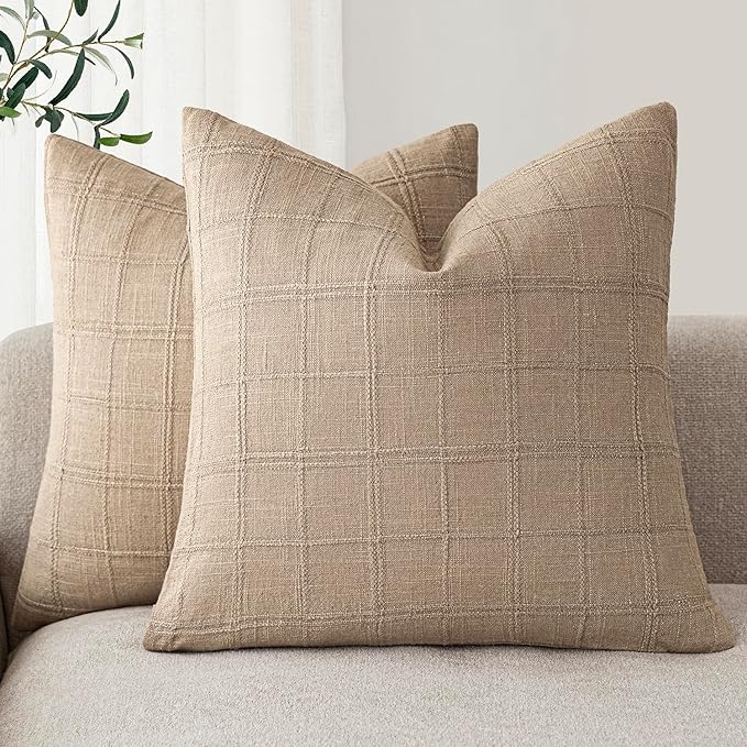 Foindtower Set of 2 Decorative Linen Check Throw Pillow Covers Neutral Farmhouse Vintage Cushion Covers Modern Coastal Boho Home Decor for Sofa Chair Couch Bedroom Living Room,16×16 Inch,Camel