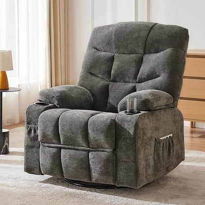 Manual 360°Swivel Rocker Recliner Chair,Single Recliner Seat with Cup Holders,Recliner Chairs for Adults, Upholstered Fabric Lazy Boy Recliner for Bedroom,Living Room,Dark Grey