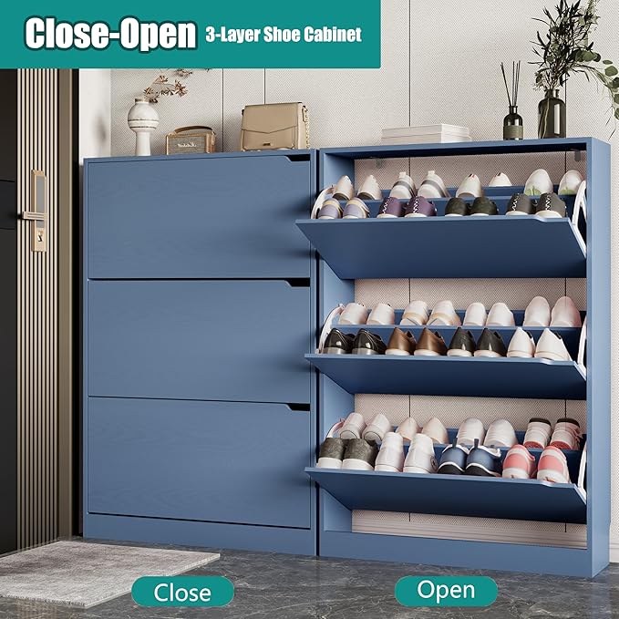 Shoe Storage Cabinet for Entryway with 3 Flip Drawers, Sturdy Wood Hidden Shoe Storage, Freestanding Narrow Slim Shoe Organizer for Front Door Entrance, Living Room, Hallway, Bedroom, Blue