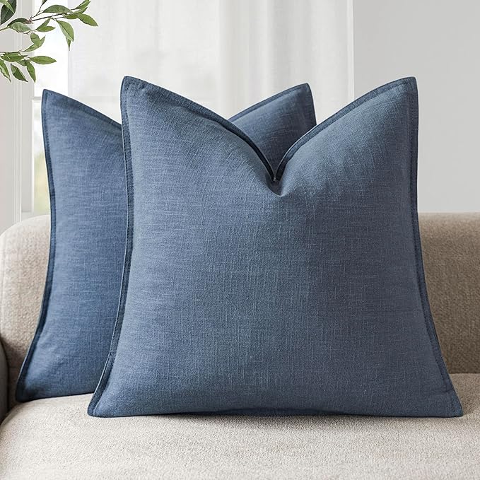 Foindtower Pack of 2, Decorative Linen Soild Throw Pillow Covers Soft Accent Euro Cushion Case Farmhouse Neutral Pillowcase for Chair Couch Sofa Bedroom Living Room Home Decor 20 x 20 Inch Dark Blue