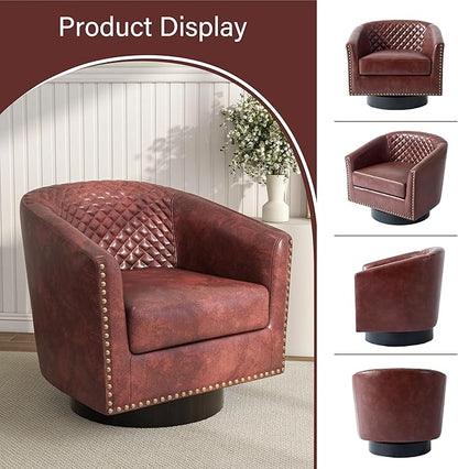 Pia Ricco Faux Leather Swivel Barrel Accent Chairs, 360° Swivel Round Single Sofa Chair, Comfy Upholstered Club Armchair with Nailhead Trim for Living Room/Reading Room/Bedroom, Red Brown