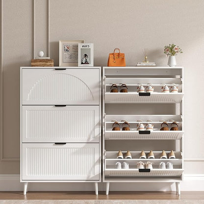 Shoe Cabinet for Entryway with 3 Flip Drawers, Slim Wooden Shoe Storage Organizer with Modern Fluted Pannel，Freestanding Narrow Hidden Shoe Rack for Hallway, Foyer, Living Room