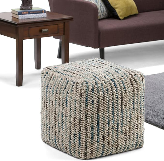SIMPLIHOME Zoey Boho Cube Woven Pouf in Multi Color Cotton and Wool for the Living Room, Bedroom and Kids Room