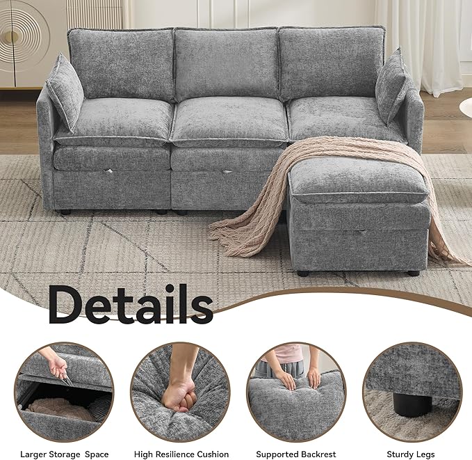 80"Cloud Modular 3 Seater Sofa with Storage Ottoman, Modern Upholstered Storage Sofa Couch Deep Seat, L Shape Sectional Sofa Chenille Comfy Couch with Armrests for Living Room, Small Space, Light Grey
