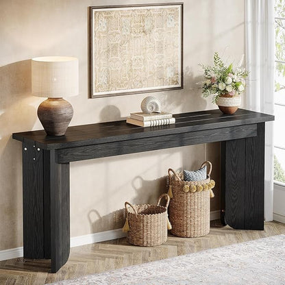 Tribesigns Farmhouse Console Table, 70.9-Inch Extra Long Console Table, Wood Sofa Table Behind Couch with Widened Tabletop & Sturdy Double Pedestal for Living Room, Hallway, Foyer (Black)