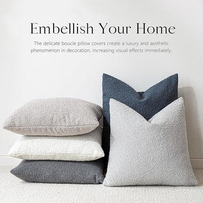 Foindtower Set of 2, Decorative Textured Boucle Throw Pillow Covers Accent Solid Pillow Cases Neutral Soft Cozy Couch Cushion Case for Chair Sofa Bedroom Living Room Home Decor 16 x 16 Inch Light Grey