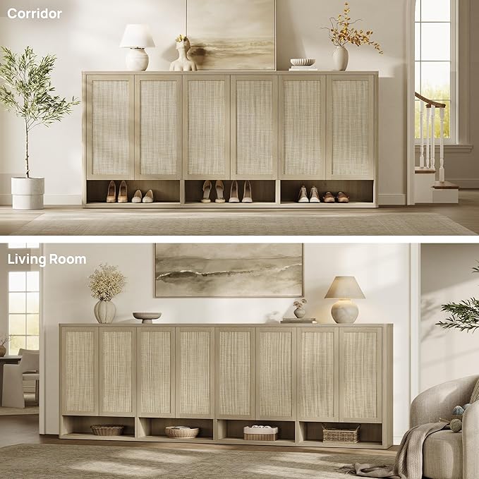 SICOTAS Rattan Shoe Storage Cabinet - Modular Shoe Cabinets with Door Tall Large Shoe Cabinet Storage for Entryway - 96.8" Wide Modular Cabinet for Hallway, Living Room