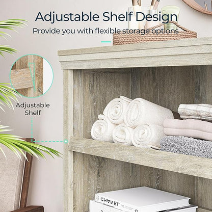 LINSY HOME 3-Tier Bookcase and Bookshelf, Small Wood Display Storage Shelves Farmhouse Bookshelf for Home Office, Living Room, Bed Room - Washed Grey