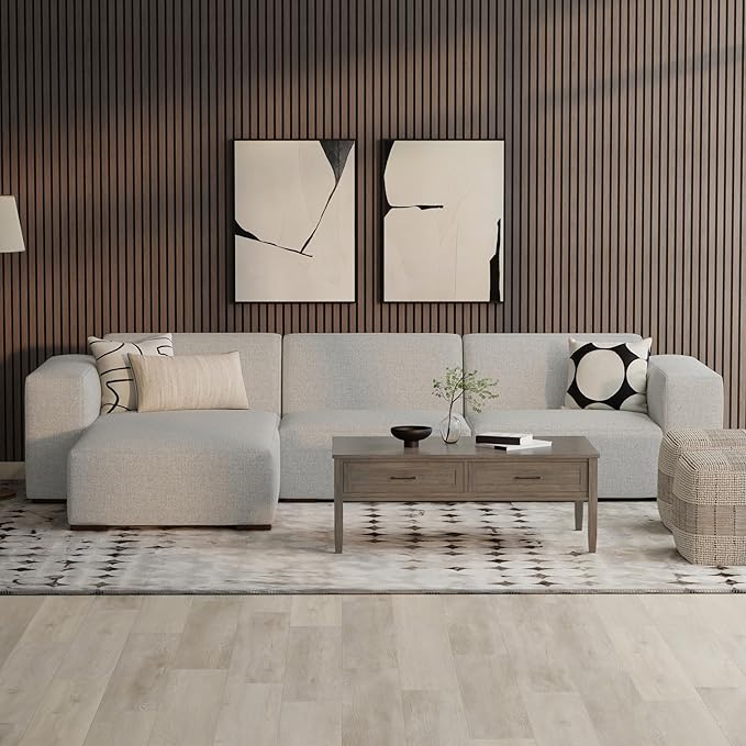 SIMPLIHOME Rex Left-Facing Modular Sectional Sofa in 100% Recycled Polyester Tightly Woven Performance Fabric, Pale Grey, 102-inches Wide, 4-Seater L-Shaped Couch with Left Chaise for Living Room