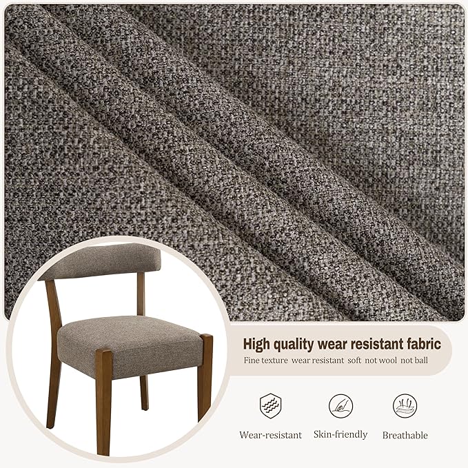 Modern Dining Chairs Set of 4, Walnut Upholstered Kitchen & Dining Room Chairs, Mid Century Wooden Dining Chairs Oversized Sturdy Fabric Rounded Chairs Curved Back, Tan Brown