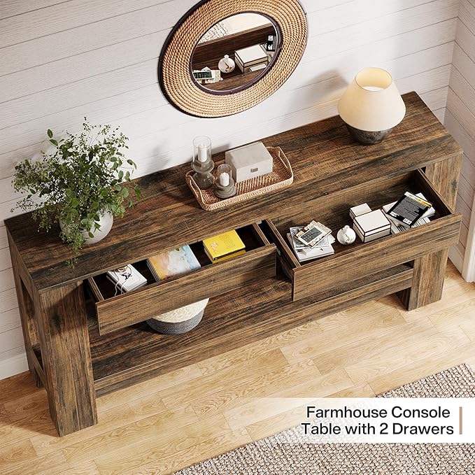 Tribesigns 63-Inch Console Table with 2 Drawers, 2-Tier Wooden Sofa Table Behind Couch, Farmhouse Entryway Console with Storage Shelf for Living Room, Entrance, Hallway (Dark Brown)