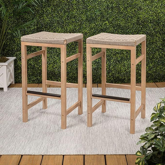 JONATHAN Y BSL1201A-SET2 Armand 30" Modern Coastal Backless Acacia Wood Outdoor Bar Stool with Woven Rope Seat, for Pool, Deck, Poolside, Light Teak/Ivory (Set of 2)