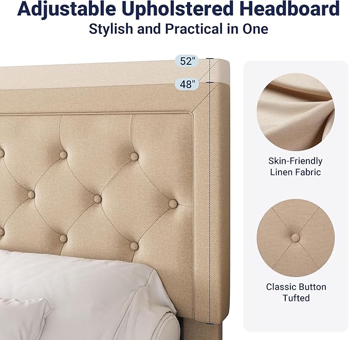 Allewie Queen Size Button Tufted/Fabric Upholstered Bed Frame with Adjustable Headboard/Wood Slat Support/Mattress Foundation/Beige