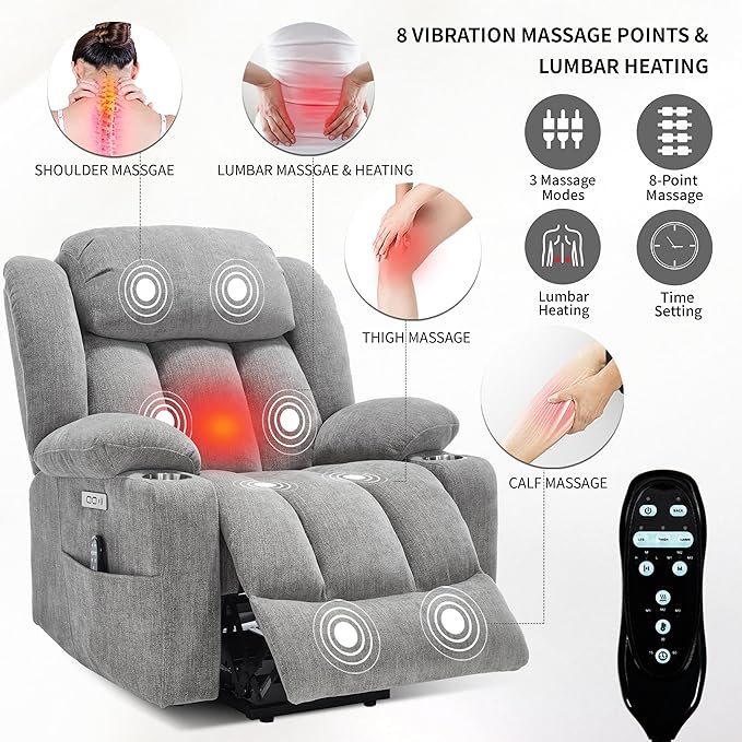 Power Lift Chair for Elderly, Electric Recliner Chair with 8-Point Vibration Massage and Lumbar Heating, Charging Ports, Cup Holders, Standing Assistance Reclining - Light Gray
