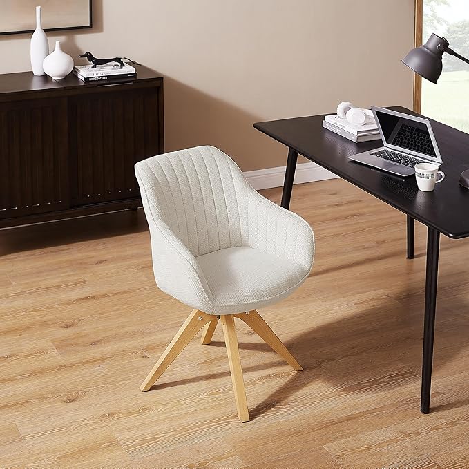 Zouron Accent Chair with Wooden Legs, Swivel Desk Chairs No Wheels, Upholstered Armchair Vanity Chair for Small Space Home Office Living Room Bedroom, Beige and Natural Wood
