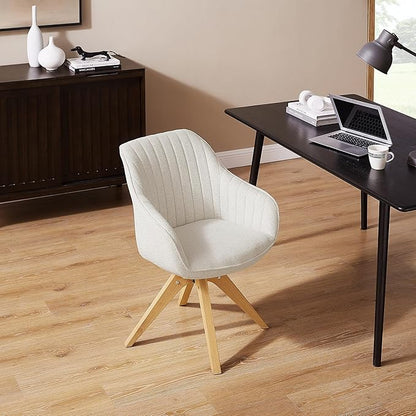 Zouron Accent Chair with Wooden Legs, Swivel Desk Chairs No Wheels, Upholstered Armchair Vanity Chair for Small Space Home Office Living Room Bedroom, Beige and Natural Wood