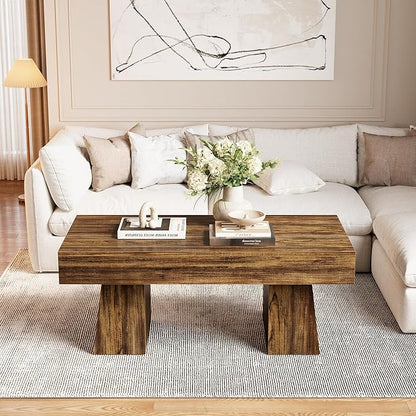 LITTLE TREE Farmhouse Coffee Table, 47 Inches Living Room Table, Rectangular Wooden Accent Center Tables with Thick Base, Modern Low Cocktail Tea Furniture for Living Room (Walnut Brown)