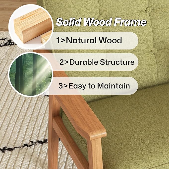 Modern Accent Chair with Arm Rest, Upholstered Linen Fabric Leisure Chair Comfy Side Chair with Backrest Button and Wooden Frame for Living Room Bedroom Reading(Green)