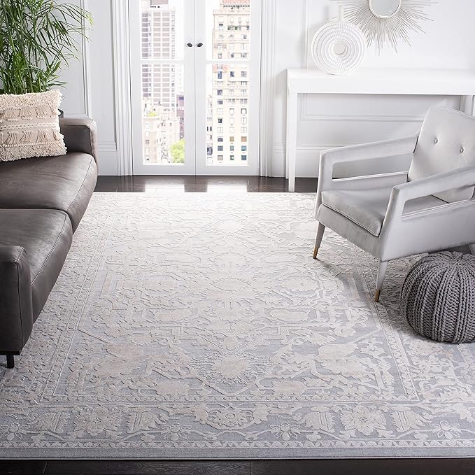 SAFAVIEH Area Rug 5' Square - Reflection Collection - Light Grey & Cream, Non-Shedding & Easy Cleaning, Ideal for Living Room, Bedroom (RFT665C)