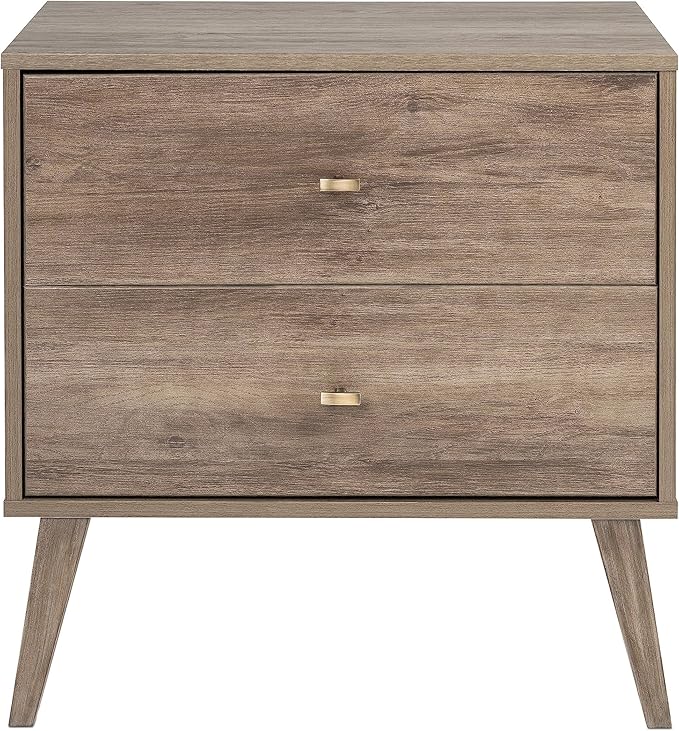 Prepac Milo Mid-Century Modern 2 Drawer Nightstand, Bedside Table, Contemporary Bedroom Furniture, 16"D x 25"W x 25"H, Drifted Gray