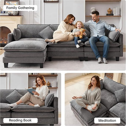 108" Modular Sectional Couches for Living Room with Ottoman, L Shaped Cloud Couch with Charger, USB & Type-c Port, Comfy 4 Seats Sofas with Deep Seat, Chenille Fabric, Darkgrey