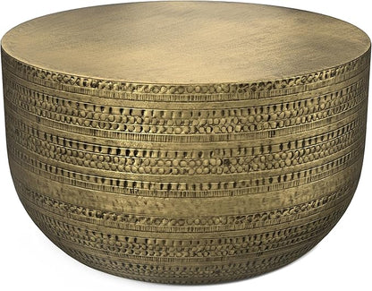 SIMPLIHOME Johnsen 30-inch Wide Metal Drum Coffee Table in Antique Gold, Boho-Style Cocktail Table for Living Room or Family Room, Assembled