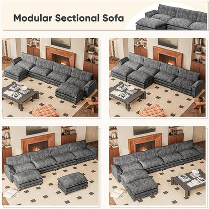 Furniwell Modular Sectional Sofa with Moveable Ottoman, Oversized 3-Seater Couch with Supportive Backrest, Chenille Convertible Sofa Couches for Living Room/Apartment (Grey, U Shaped)
