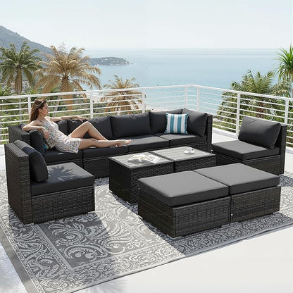 NICESOUL 10 Piece Modern Luxury 29.3'' High Back Outdoor Furniture Set, Extra Large Size PE Wicker Patio Modular Sectional with Side Tables, All-Weather Rattan Conversation for Backyard Deck, Grey