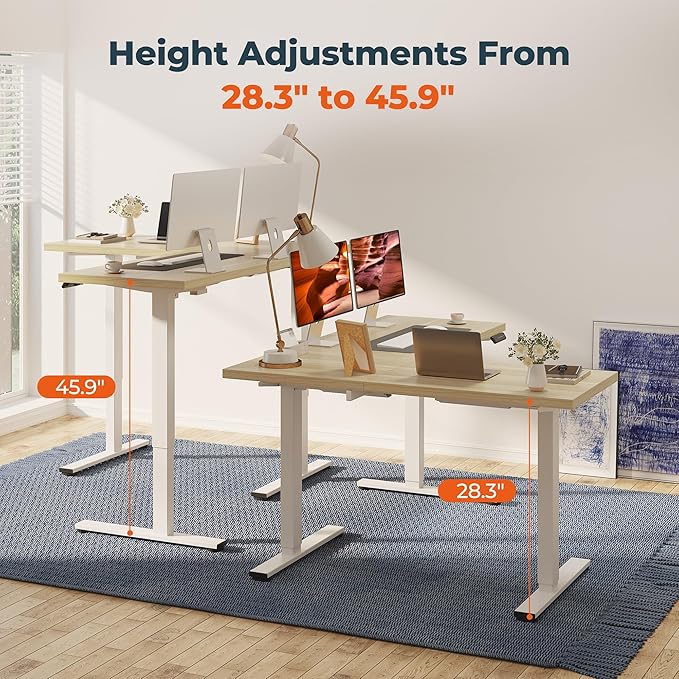 L-Shaped Standing Desk, 63 x 47 Inches Height Adjustable Desk, Sit and Stand up for Work Office Home, Ergonomic Rising Computer Table for Home Office with Splice Board, Maple