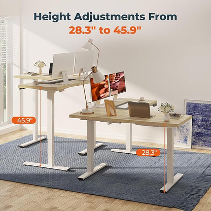 L-Shaped Standing Desk, 63 x 47 Inches Height Adjustable Desk with Storage, Sit and Stand up for Work Office Home, Ergonomic Rising Computer Table for Home Office with Splice Board, Maple