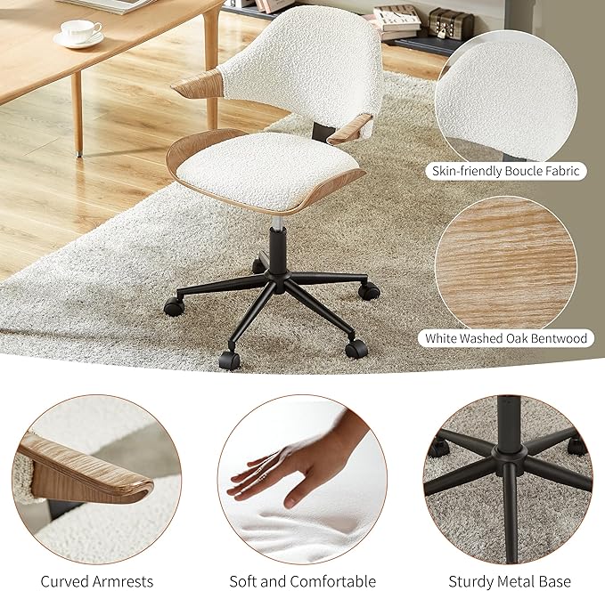 Art Leon Swivel Desk Chair, Mid Century Modern Office Chair with Wheels, Boucle Fabric Upholstered Arm Chair, Adjustable Height Task Chair with Metal Base, Washed Oak Bentwood, White
