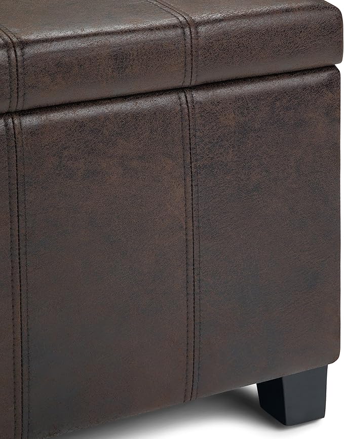 SIMPLIHOME Dover 36 inch Wide Contemporary Rectangle Storage Ottoman Bench in Distressed Brown Vegan Faux Leather, Assembled, for the Living Room, Entryway and Family Room