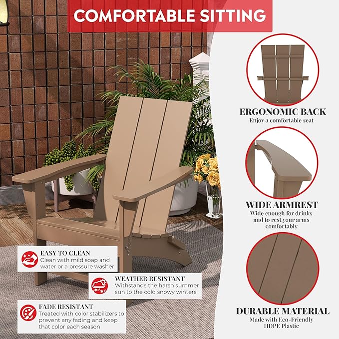 Costaelm Folding Adirondack Chairs, Outdoor Patio Adjustable Lawn Chairs, Weather Resistant Outside Firepit Chairs for Porch, Poolside, Garden, Backyard Deck, Weathered Wood