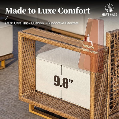 HERA'S HOUSE 6 Pieces Patio Furniture Set, 4 Sectional Outdoor Rattan Wicker Sofas with 2 Ottomans, All Weather Patio Conversation Set with 5.3" Widened Armrest, 10" Ultra Thick Cushion for Deck