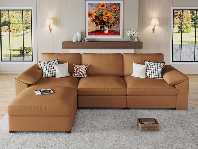 EASE MOOSE Leather Sectional Couch, Oversized Modular Sectional Sofas, Wide Deep Seat Modular Couch, Scratch Resistant Faux Leather Material, L Shaped Sofa for Big Spaces, Brown