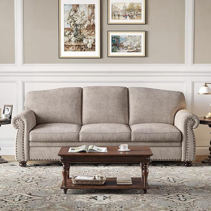 ONBRILL 90 Inch Nailhead Trim Couch for Living Room, 23 Inch Deep Seat Rolled Arm Sofa, Comfy Upholstered 3 Seater Chenille Couch w/Wooden Leg, Large Traditional Sofa for Farmhouse, Beige