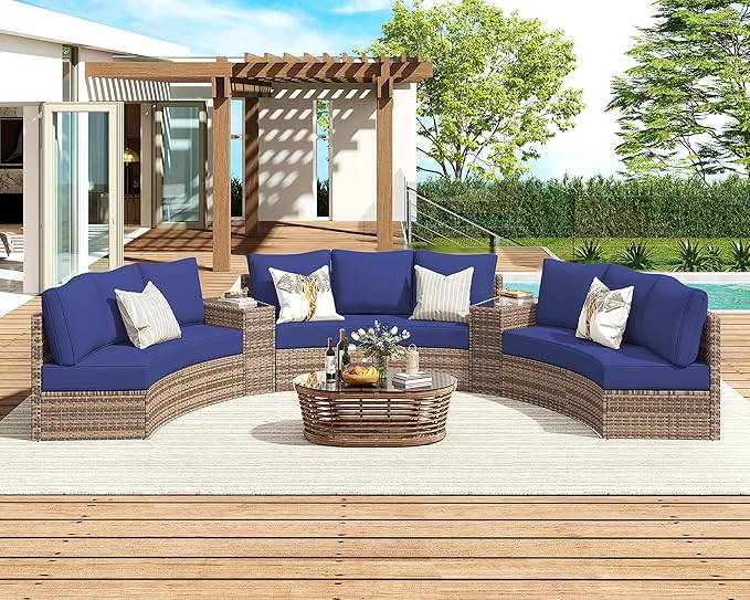 Patio Furniture Sets, 3 Piece Half-Moon Sectional Round Sofa Set, Outdoor Patio Furniture with Cushions for Beach, Pool, Balcony, Blue