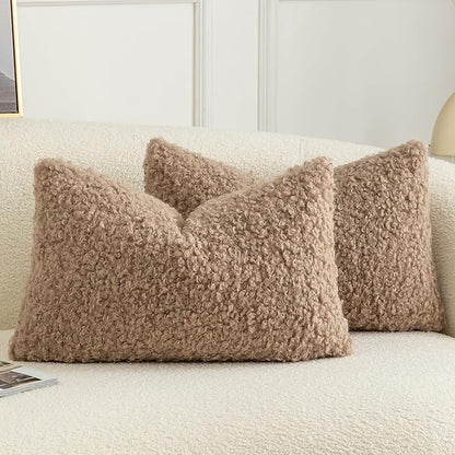 Pack of 2 Curly Teddy Wool Faux Fur Throw Pillow Covers Fuzzy Accent Soft Sherpa Pillowcases Sheepskin Fleece Decorative Cushion Case for Sofa Couch Living Room 12x20 Inch Khaki
