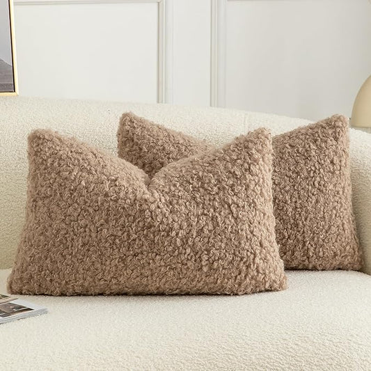 Pack of 2 Curly Teddy Wool Faux Fur Throw Pillow Covers Fuzzy Accent Soft Sherpa Pillowcases Sheepskin Fleece Decorative Cushion Case for Sofa Couch Living Room 12x20 Inch Khaki