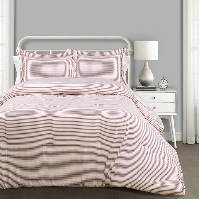 Lush Decor Farmhouse Stripe Reversible Cotton Comforter Set, 3 Piece Set, King, Red - Cozy F𝚊rmhouse Bedding Set - Rustic Decor - Striped Comforter - Modern Farmho𝚞se Bedroom Decor